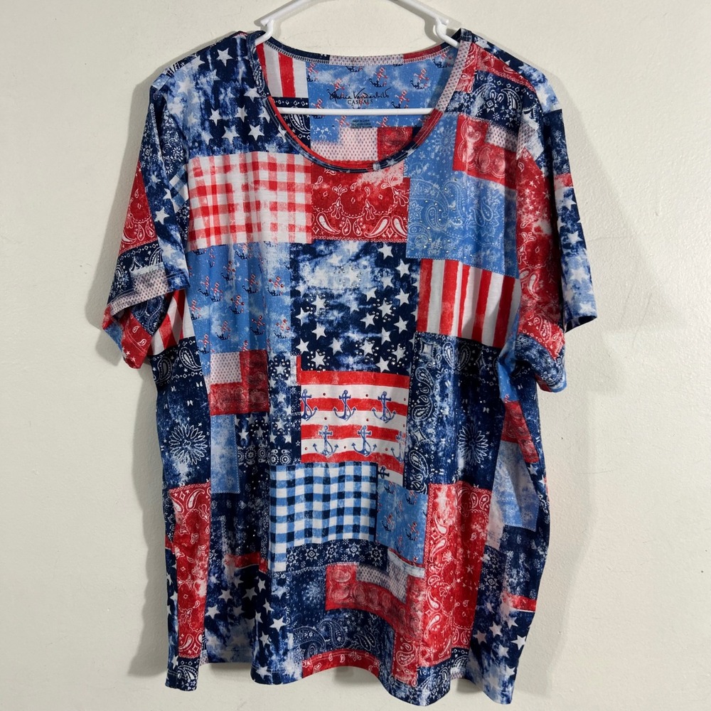 Gloria Vanderbilt Patchwork T-Shirt Womens XXL Blue Red Americana Stars Rhinest